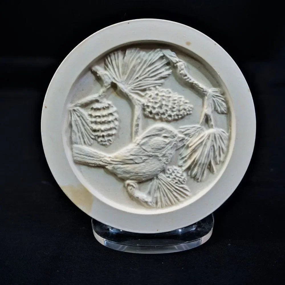 Chalkware Coasters Crossbill Bird And Pinecone Cork Back White Plaster Set Of 3